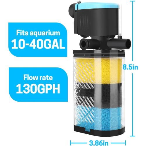 AquaMiracle Aquarium Filter 3-Stage in-Tank Filter Internal Fish Tank Filter Turtle Filter for 10-40 Gallon Fish Tanks with Dual Water Outlet & Aeration