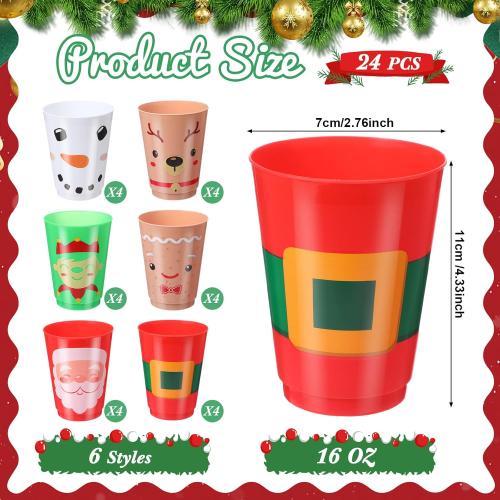 Sieral 24 Pcs Christmas Plastic Tumblers 16 oz Reusable Santa's Belt Drink Cups - Santa Gingerbread Elf Snowman Face Beverage Cups for Beer Coffee Tea Xmas Holiday Party Supplies