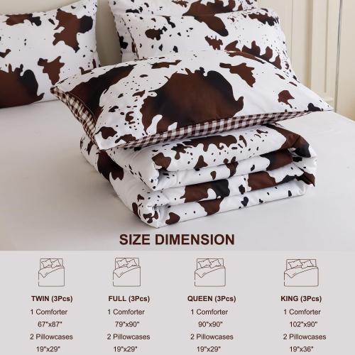 PERFEMET 3Pcs Cow Comforter Set King Size Rustic Cow Print Western Bedding Sets Farmhouse Reversible Checkered Cowhide Bed Quilt Set with Pillowcases (Brown White, King)
