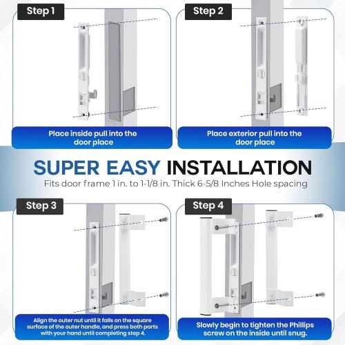 Sliding Glass Door Handle Set with Interior and Exterior Handles, 6-5/8, Fits 1 to 1-1/8 Thick Doors. (White- Straight Handle 2 Sides, Straight Tube Handle with Key)