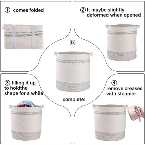 OIAHOMY 80L Laundry Basket, Laundry Hamper, Cotton Rope Storage Basket with Handles, Decorative Woven Basket for Living Room,Storage Baskets for Clothes, Blankets, and Toys -20''×18'', White&Gray