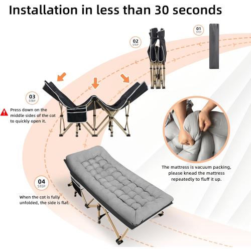 Fragess Portable Camping Cot, 600LBS Max Load, Extra Wide with Thick Mattress, Folding Cot for Outdoor Camping/Office, Home Nap (Grey)