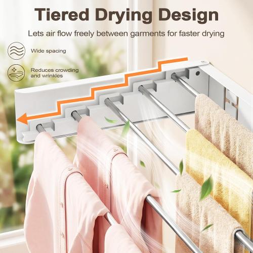 Wall Mounted Clothes Drying Rack Folding Indoor, Foldable Laundry Drying Rack Collapsible,Invisible, Space Saving, Retractable Towel Drying Rack, with Wall Template(5 Drying Rods, White 32)