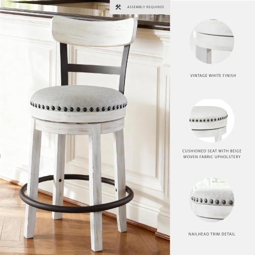 Signature Design by Ashley Valebeck | Modern Swivel 24.5 Counter Height Barstool – Rustic-Industrial Whitewash, Upholstered Cushion, 360° Swivel, Nailhead Trim
