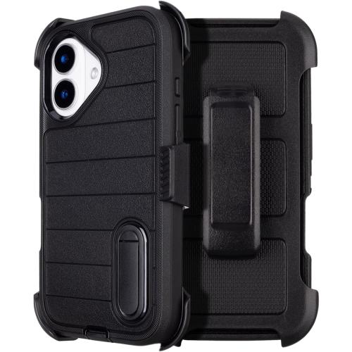 Black for iPhone 16 Case with Belt Clip Holster, Heavy Duty Rugged Military Grade Shockproof Cases for iPhone 16 Case Protective Cover with Kickstand 6.1 Inch