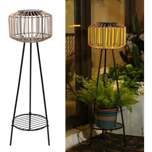 Outdoor Floor Lamp Outdoor Solar Lights Rattan Lamp with Plant Stands Metal Tripod Outdoor Floor Lamps for Patio Yard Deck Porch Walkway Driveway Garden Decor (no test )