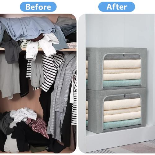 CYhom 3Pack Foldable Storage Bins - Frame Storage Box Linen Fabric Stackable Clothes Container Organizer with Clear Window & Carry Handles Large Capacity (Extra Large-100L, Dark Gray)