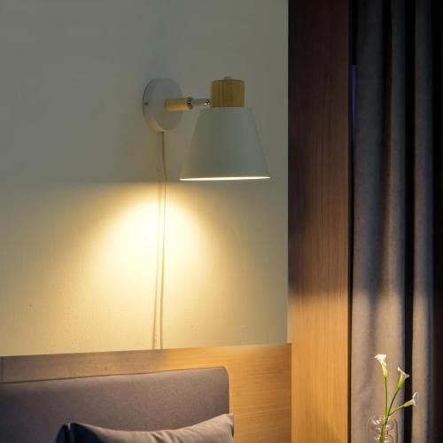 White Plug in Wall Sconces with Switch for Bedroom, Modern Rotation Wall Lamps Up Down E26 Mounted Fixture Wood Metal Lighting Switch Bedside Decor Reading Lights for Kids Bedroom, Living Room