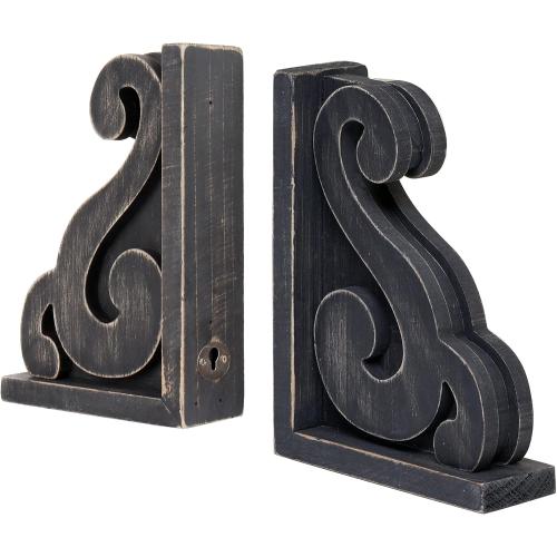 GENMOUS Rustic Distressed Vintage Scroll Corbel Bookends,Farmhouse Black Wood Decorative Bookends,Rustic Corbels Shelf Brackets,Shabby Chic Vintage Book Ends,Home Decoration and Gift,Set of 2.