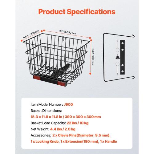 VEVOR Scooter Rear Basket, Heavy Duty Metal Wire Basket with Handle, Spacious Cargo Basket, Works with 1-inch Receiver, Compatible with Most Golden, Drive & Pride Mobility Scooter