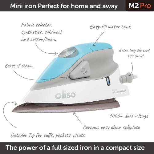 Oliso M2 Mini Project Steam Iron with Solemate - for Sewing, Quilting, Crafting, and Travel | 1000 Watt Dual Voltage Ceramic Soleplate Steam Iron, Turquoise
