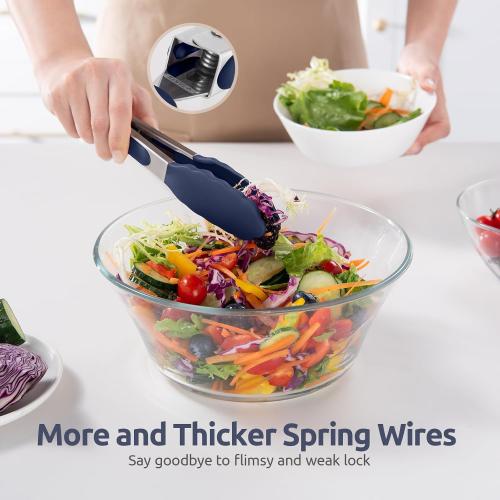 600ºF Heat Proof Kitchen Tong: U-Taste 7 Silicone Cooking Tong with Firm Sealed Non Stick Rubber Tips & Silicon Coated 18/8 Stainless Steel Handle & Smooth Locking for Serving Salad (Midnight Blue)
