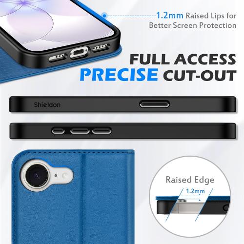 SHIELDON Real Leather Wallet Case for iPhone 17e/16e 6.1, Sapphire Blue