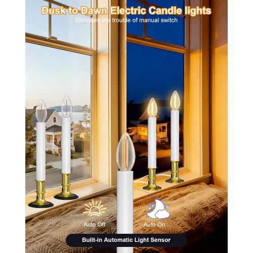 SUNSGNE Christmas Electric Window Candle Lights with Auto Sensor, Dusk to Dawn Candle Lamps with Gold Plated Base, 9'' Plug in Candle Lights with 0.6W LED E12 Bulbs for Window Table Decor, 4 Pack