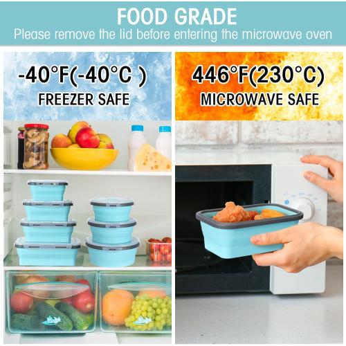 Yaomiao 16 Pack Collapsible Food Storage Containers with Lid Foldable 8 Pcs Rectangle Storage Bowl and 8 Pcs Round Silicone Food Bow for Lunch Rv Accessories Microwave Freezer Safe(Gray, Blue)