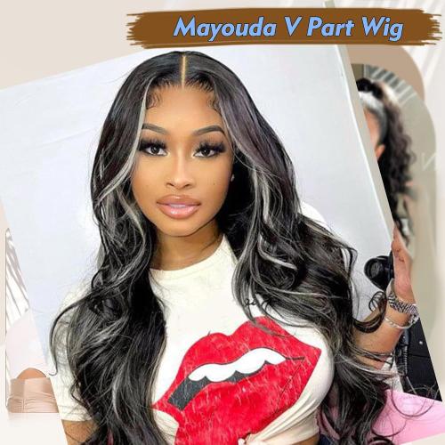 Body Wavy V Part Wig For Women Water Curly Black With Grey 24 Inch