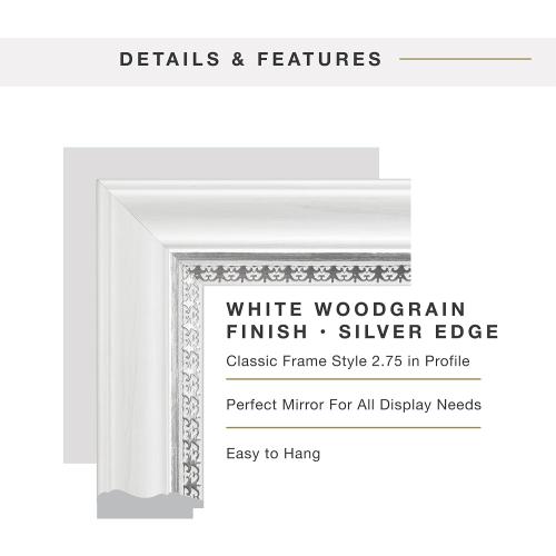 MCS 22x28 Large Wall Mirror, White Woodgrained Frame with Silver Embossed Detail & Beveled Detail Mirror, Vertical & Horizontal Wall Hanging Mirror for Bathroom, Bedroom & Livingroom