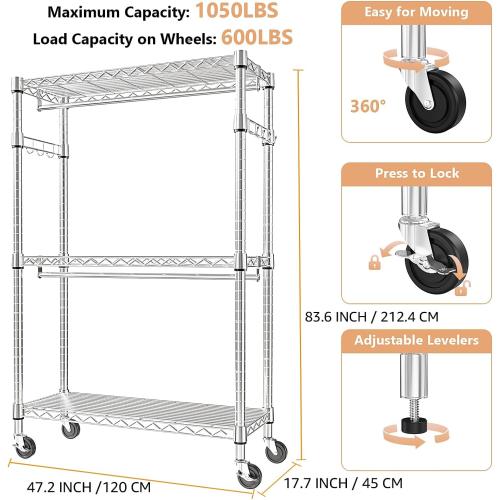 Size 17.7 D x 47.2 W x 83.6 H Heavy Duty Rolling Garment Rack 3 Tiers Adjustable Wire Shelving Clothes Rack with 2 Rods and Side Hooks, Storage Closet Clothing Rack with Wheels Chrome 17.7 D x 47.2 W x 83.6 H