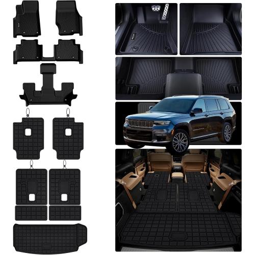 Floor Liner for 2021-2025 2026 Jeep Grand Cherokee L (Only for 6 Seats), TPE Floor Mats & Trunk Mat & 2nd and 3rd Backrest Mat for 2025 Grand Cherokee L Accessories