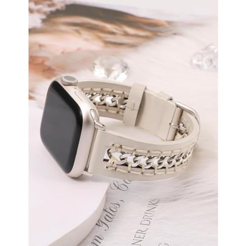 Minyee Leather Band Compatible with Apple Watch Bands 38/40/41/42/44/45/46/49mm Women, Dressy Premium Leather Strap with Stainless Steel Metal Chain for iWatch Series 11 10 9 8 7 6 5 4 SE/Ultra 3 2 1
