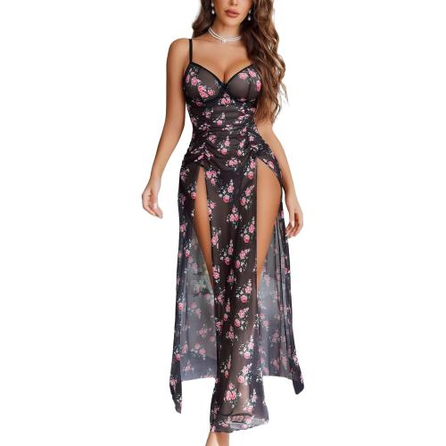 Size L Avidlove Sexy Nightgown for Women Mesh Floral Slit Pleated Lingerie V Neck Long Dress