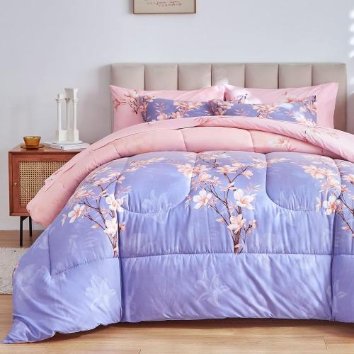 AIKASY Pink and Light Purple King Comforter Set with Sheets,Bed in a Bag 7-Pieces,Branches and Flowers Printing Design,Ultra Soft Down Alternative All Season Bedding Set(King,Blossom Stem)