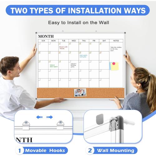 Large Monthly Dry Erase Calendar Whiteboard for Wall, 48 x 36 Double-Sided Big Calendar White Board Cork Board Combo, Aluminum Framed Month Planning Bulletin Board for Office, School, Home