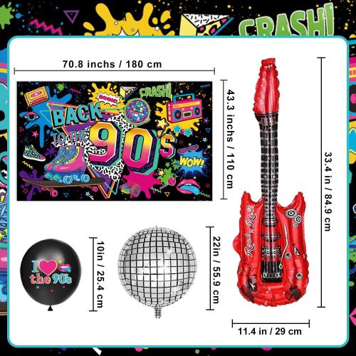 90s Party Decorations Includes 90's Backdrop, Foil & Latex Balloons, Cake & Cupcake Toppers, Honeycomb Centerpieces Banner, Hanging Swirls for 80s 90s Party Decorations