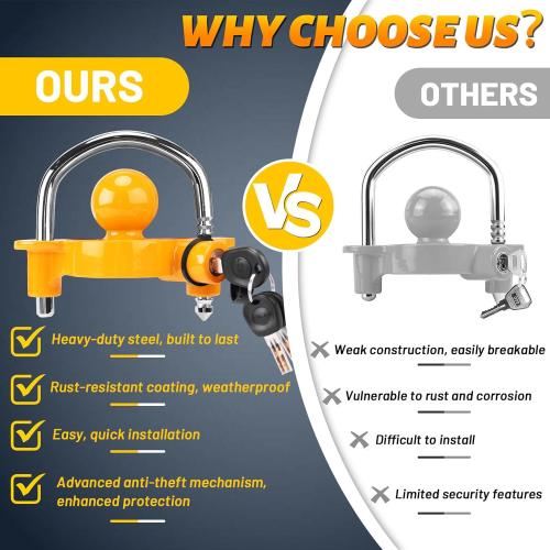Turnart Trailer Lock, Hitch Lock, Trailer Hitch Lock, Trailer Coupler Lock, Trailer Tongue Lock, Adjustable, Heavy-Duty Steel, Universal Size Fits 1-7/8, 2, and 2-5/16 Couplers (Yellow-A)