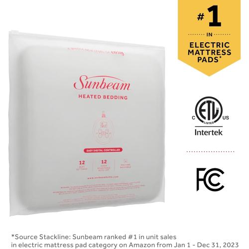 Sunbeam Electric Premium Water Resistant Restful Quilted Heated Mattress Pad, 12 Heat Settings, 12-Hour Selectable Auto Shut-Off, Fast Heating, Cozy Warming Bed, King, 76 x 80