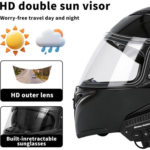Motorcycle Bluetooth Modular Helmet, DOT FMVSS-218 Approved Flip Up Full Face Motorcycle Dual Visor Helmet, with Dual Speakers and Microphone, for Adults Men and Women