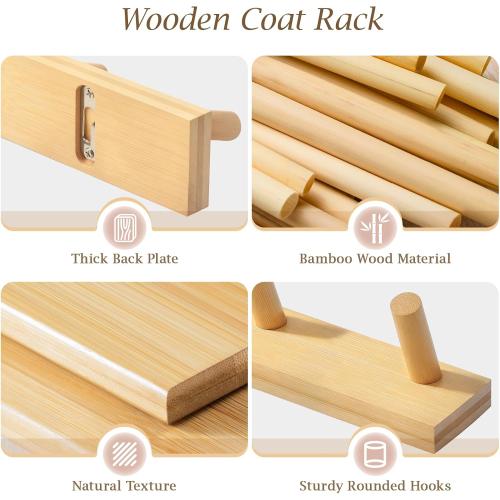 Coat Rack Wall Mount, Wooden Coat Hanger with 5 Hooks, Heavy Duty, Natural, 2 Pcs