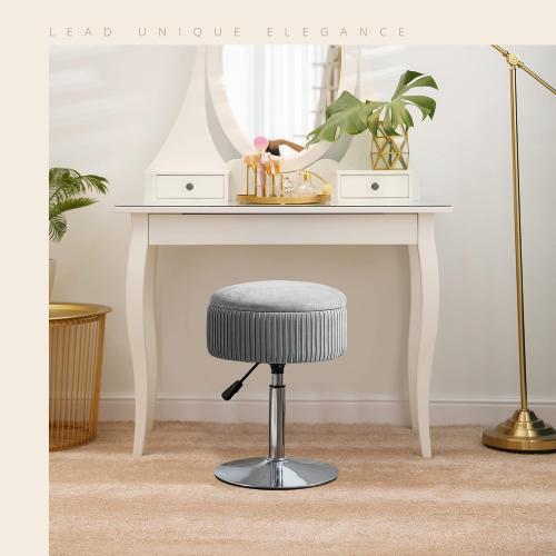 360°Swivel Vanity Stool Chair for Makeup Room, Height Adjustable Stool for Vanity with Storage, Small Grey Velvet for Bathroom, Living Room