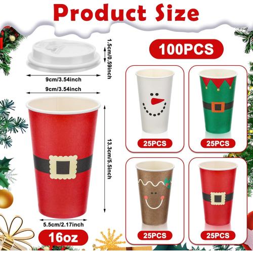 Dandat 16 oz  Christmas Coffee Paper Cups with Lids Disposable Christmas Paper Cups for Hot Cocoa Tea Beverage Holiday Xmas Party Supplies