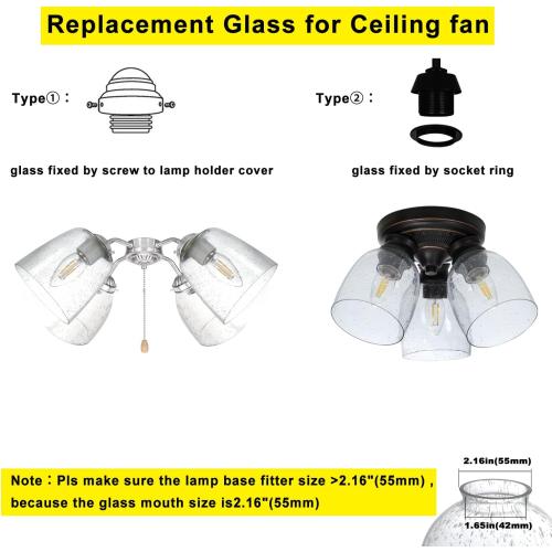 4 Pack Clear Seeded Glass Replacement Shades Covers for Ceiling Fan Light Fixtures Pendant Lighting Chandelier Vanity Light Kitchen Island Light, 2-1/8 Fitter, 5.47 High, 4.76 Diameter
