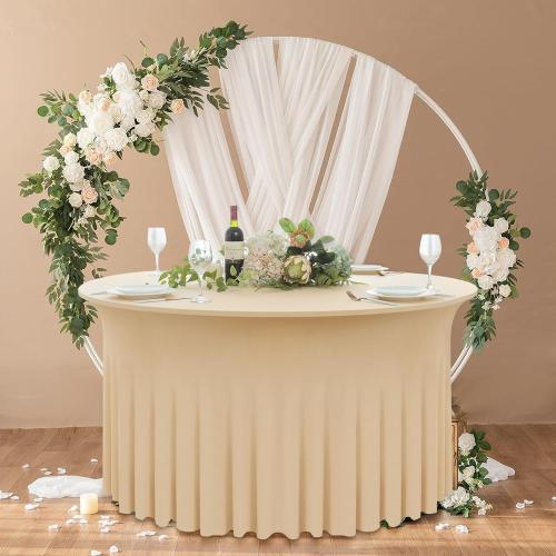 2 Pack Champagne Round Spandex Tablecloth 60 Inch, Wrinkle Free Stretch 120 Inch Round Fitted 5ft Tables, Ruffle Skirt Table Covers for Wedding Party Banquet