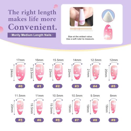 morily 24pcs Press on Nails Medium Length Almond Fake Nails Kit Long Ombre Pink Acrylic False Nails with White Cloud Design Crystal Artificial Glossy Stick on Nails Finger Manicure for Women