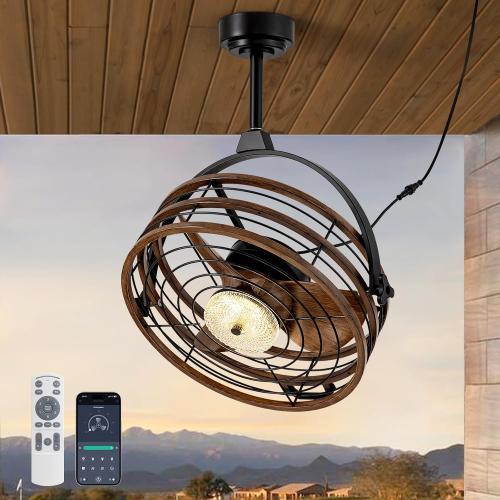 Outdoor Ceiling Fan with Lights, 23‘’ Waterproof Gazebo Fan with Remote Control Smart App, Plug in Caged Ceiling Fan for Patios, Pergola Porch