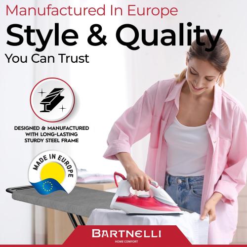 Bartnelli Ironing Board Made in Europe | Iron Board with 4 Layered Cover & Pad, Height Adjustable up to 36 Features A Safety Iron Rest, 4 Steel Legs, for Home Laundry Room or Dorm Use (43x14)