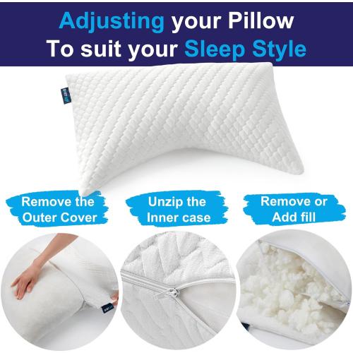 Color White Sidney Sleep Pillow for Side and Back Sleepers - Comfort for Neck and Shoulder Pain - Adjustable Contour Fill - Queen Size - Extra Fill Included (White)