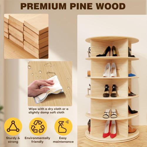 Rotating Shoe Rack Tower, 5-Tier 28 Wide Solid Pine Wood Spinning Shoe Display 360° Lazy Susan Shoe Rack, Revolving Shoe Stand, Shoe Rotating Organizer for Closet Shoes and Handbags