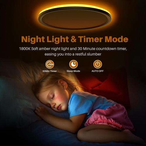 15 Inch LED Flush Mount Ceiling Light with Remote, 36W 3600LM 1800K/2700K/4000K/6500K Dimmable Ceiling Light with Night Light Low Profile Ceiling lights for Bedroom, Dining Room, Living Room-Black