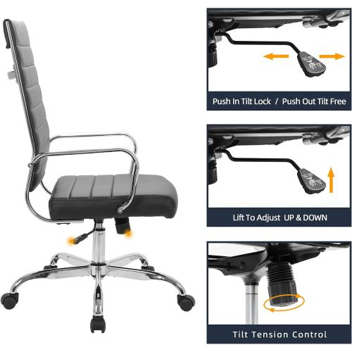 LANDSUN Home Office Chair Ribbed Leather High Back Executive Swivel Computer Desk Chairs with Wheels and Armrests Soft Padded Adjustable Height Modern Conference Task Black