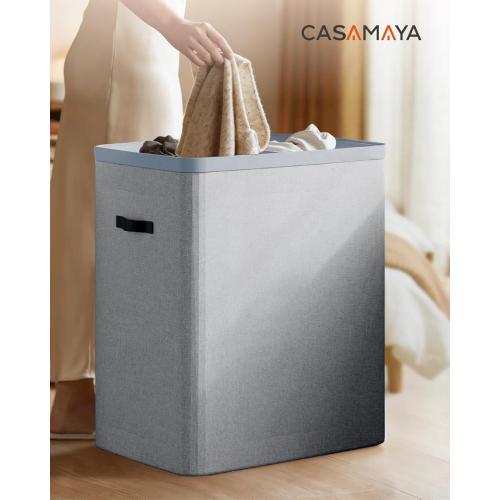 CASAMAYA Laundry Basket with Lid, Laundry Hamper 2 Section, 170L collapsible Laundry Organizer, Easy Assembly, with Handles and Removable Liners, 22 x 15.7 x 29.5 Inches, Gray JSP903G