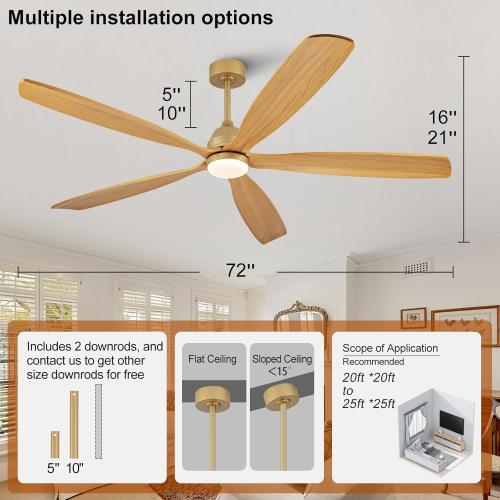 DELIHUA 72 Inch Ceiling Fans with Lights and Remote, Wood Ceiling Fan with Light, 5 Blade, Dimmable, Wall Switch, 6 Speeds Reversible DC Motor, Large Outdoor Ceiling Fan for Patio Farmhouse (Gold)