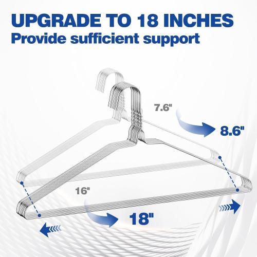18 Inch Wire Metal Clothes Hangers Bulk 100 Pack, Extra Long for Large Size Suits, Coats, Shirts, Pants, Skirts, Ultra Thin, Space Saving, Non Slip, Silver