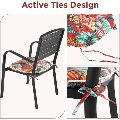 Indoor/Outdoor Chair Cushions 17X16X2 with Ties for Dining Chairs Set of 2, Waterproof U-Shaped Chair Pads, Foam Seat Cushions for Patio Kitchen Garden Office-Chili Red Floral