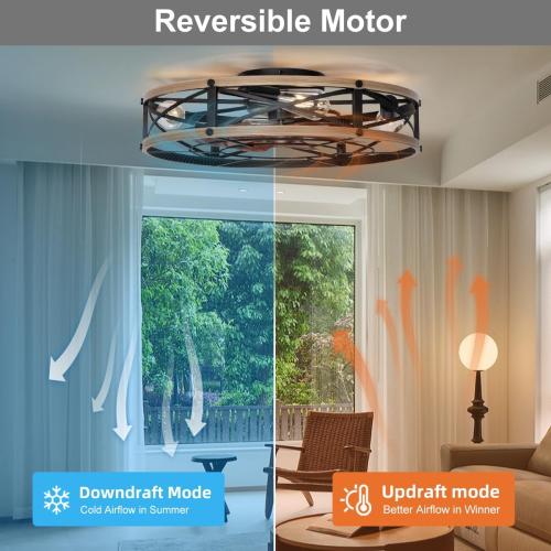 SHLUCE 24 Flush Mount Farmhouse Ceiling Fan with Light, Modern Caged Bladeless Ceiling Fans with Lights and Remote, Large Rustic Low Profile Ceiling Fan with Light for Bedroom, Living Room - ETL