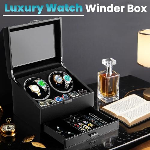 J&T Technology 4 Watch Winder with 6-Slots Watch Storage and Jewelry Drawer | 3-in-1 Storage System,Auto-Winding,Extra Storage,Jewelry Case,Japanese Quiet Motor with 4 Programmable Modes,LED Light