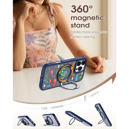 for iPhone 16pro Case - Compatible with MagSafe for Women Girls Bulit-in 360° Rotatable Magnetic Ring Holder Kickstand Cute Aesthetic Dinosaur Design for Apple 16pro